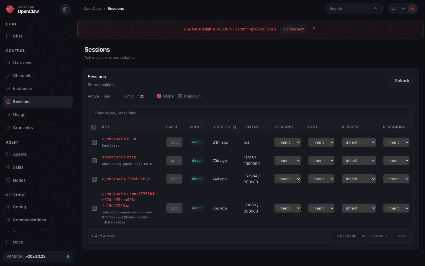 OpenClaw Sessions — live agent session registry showing token counts per session