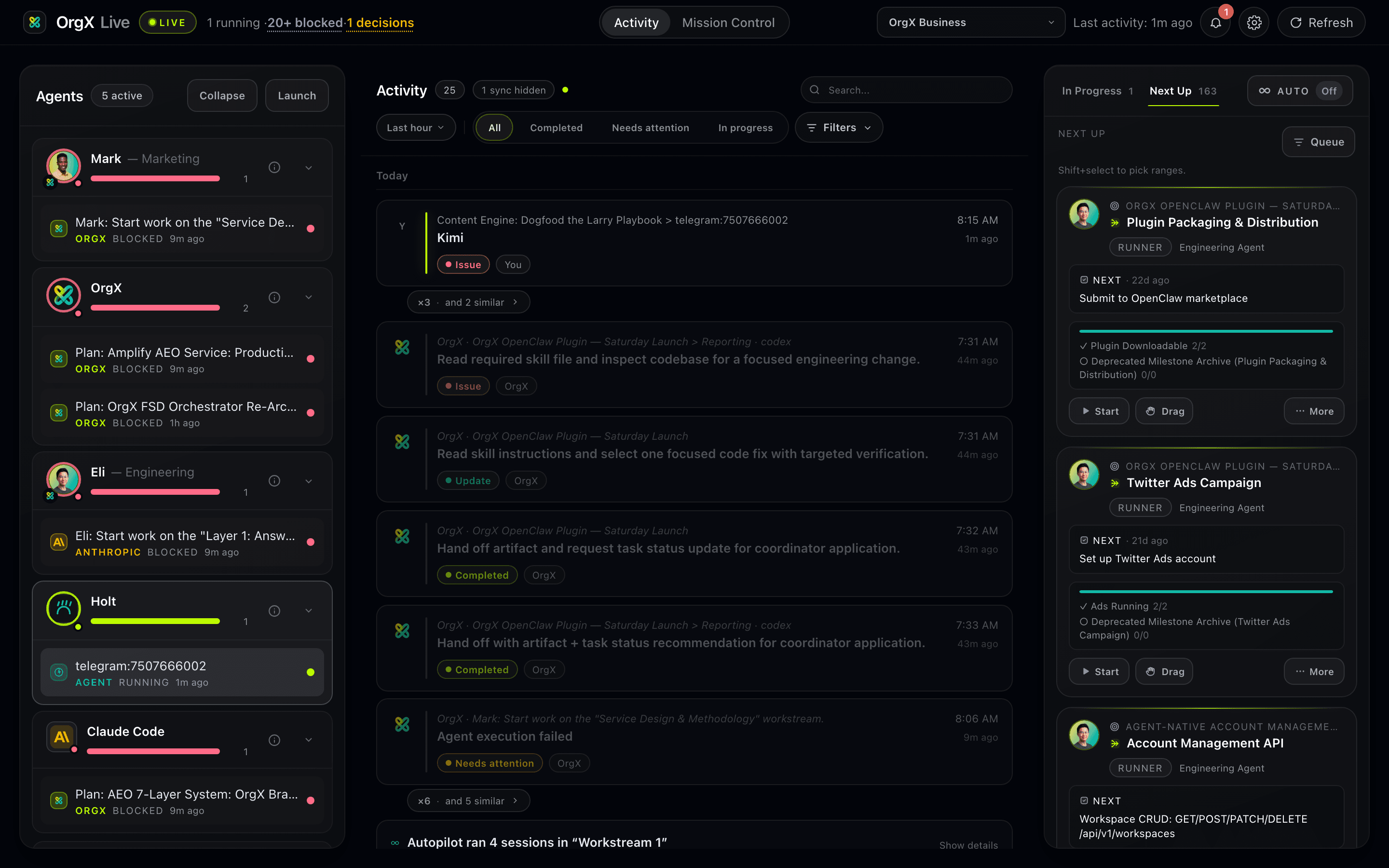 OrgX live — the full agents grid and next-up queue with named specialists, activity timeline, and queued decisions