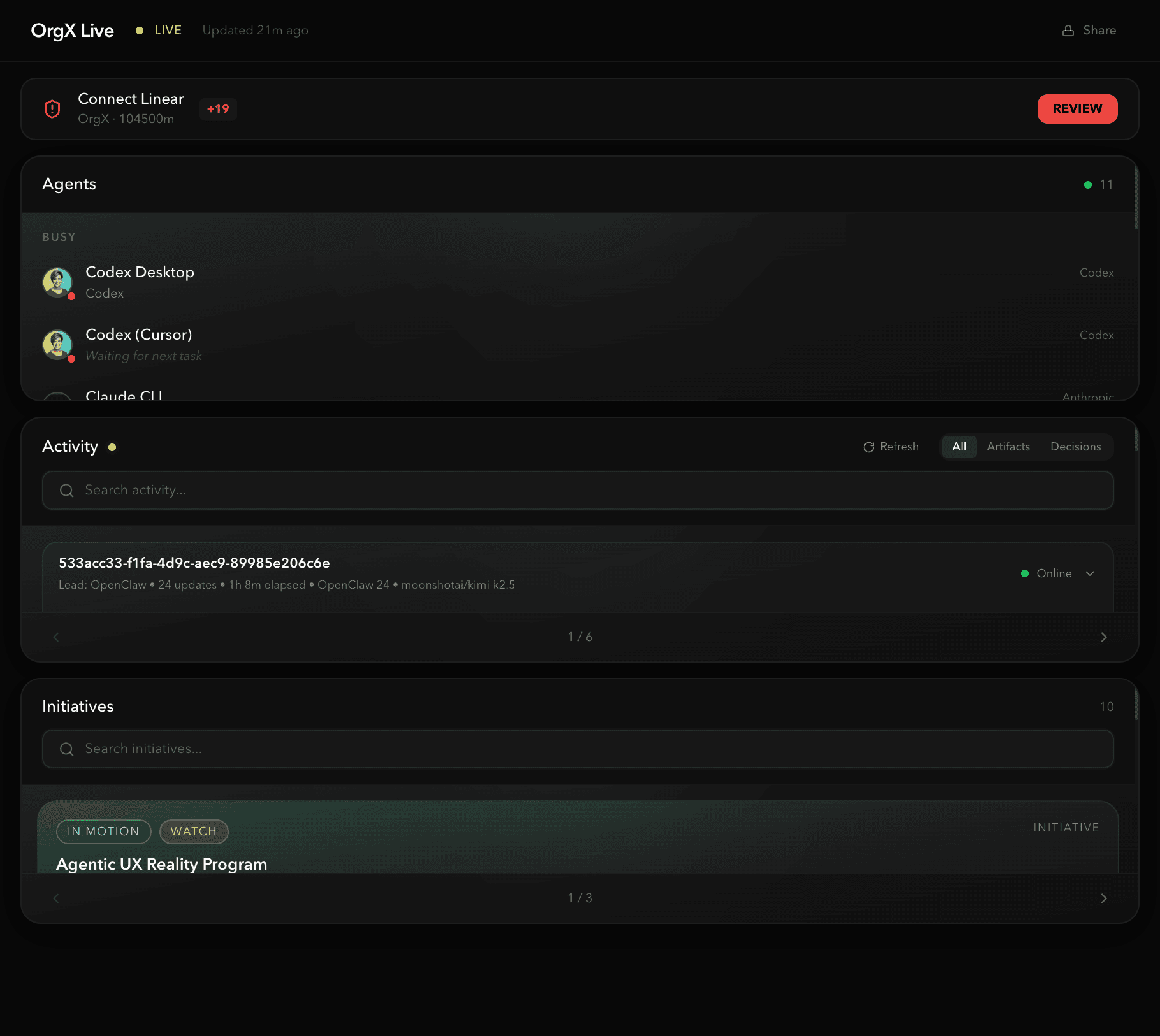 OrgX live command center — real product surface, not a marketing illustration